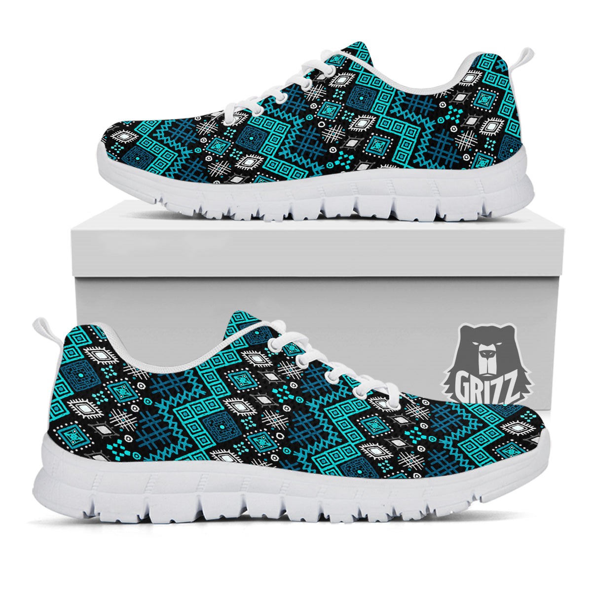 Geometric Turquoise Aztec Print Pattern White Sneaker-grizzshop