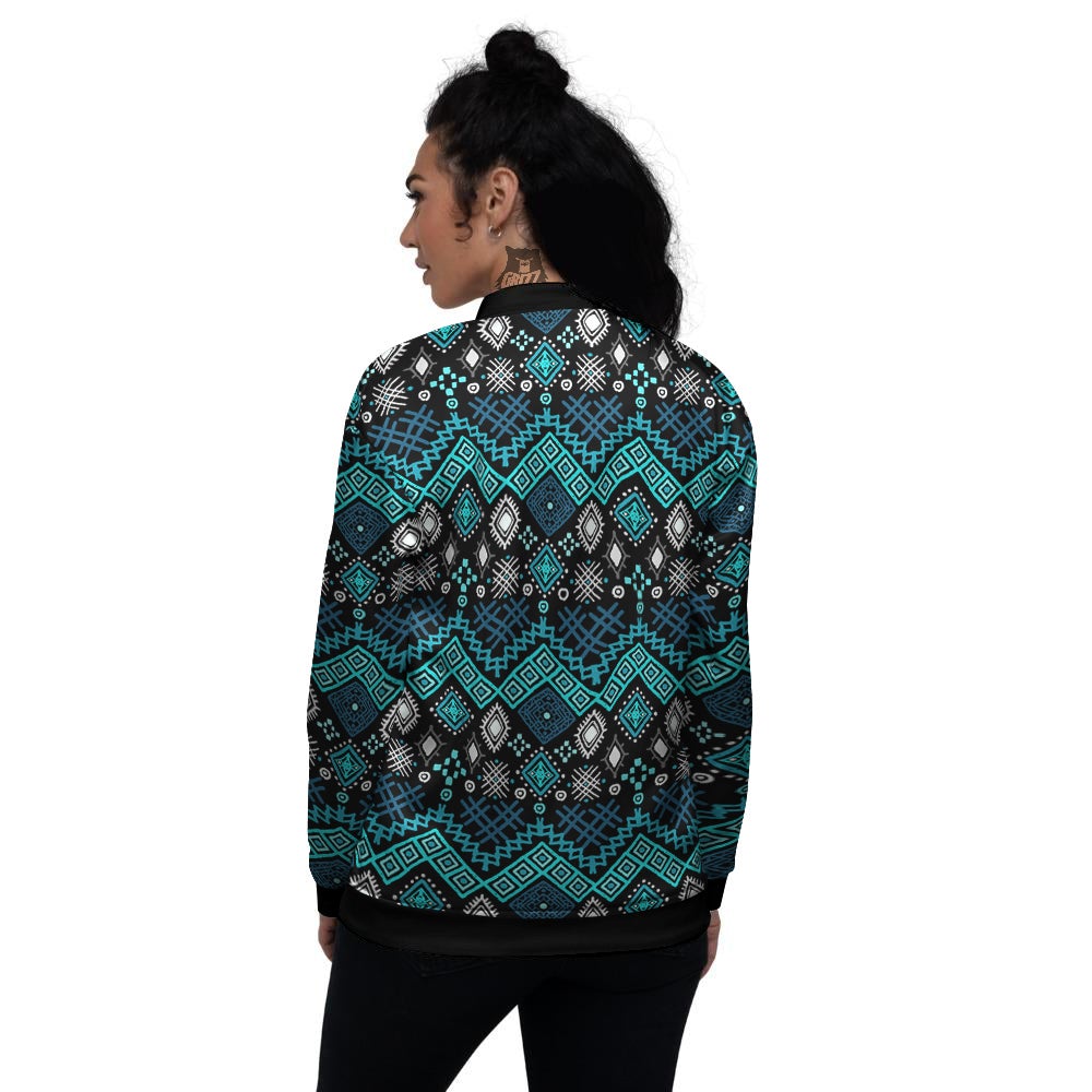 Geometric Turquoise Aztec Print Pattern Women's Bomber Jacket-grizzshop