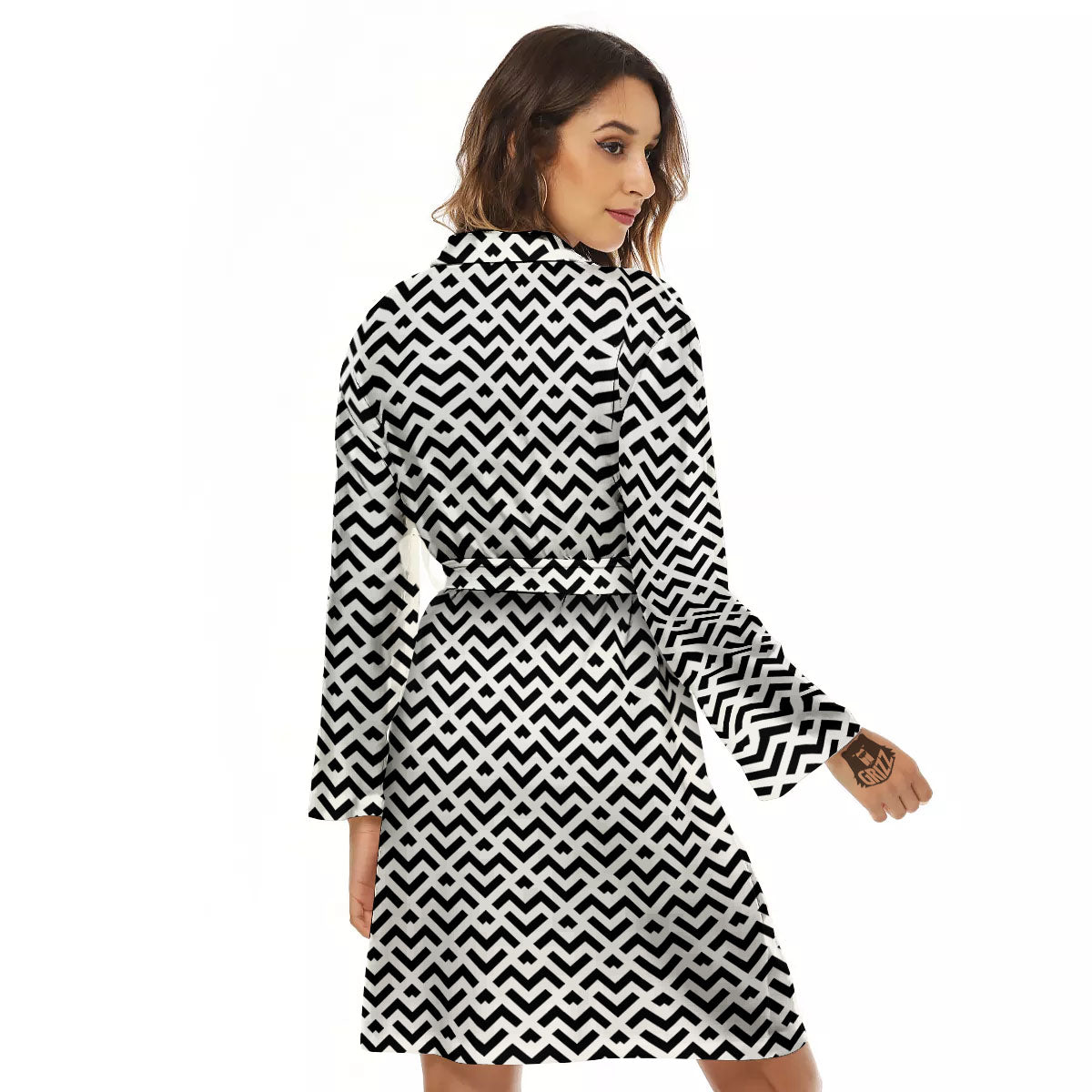 Geometric White And Black Print Pattern Women's Robe-grizzshop