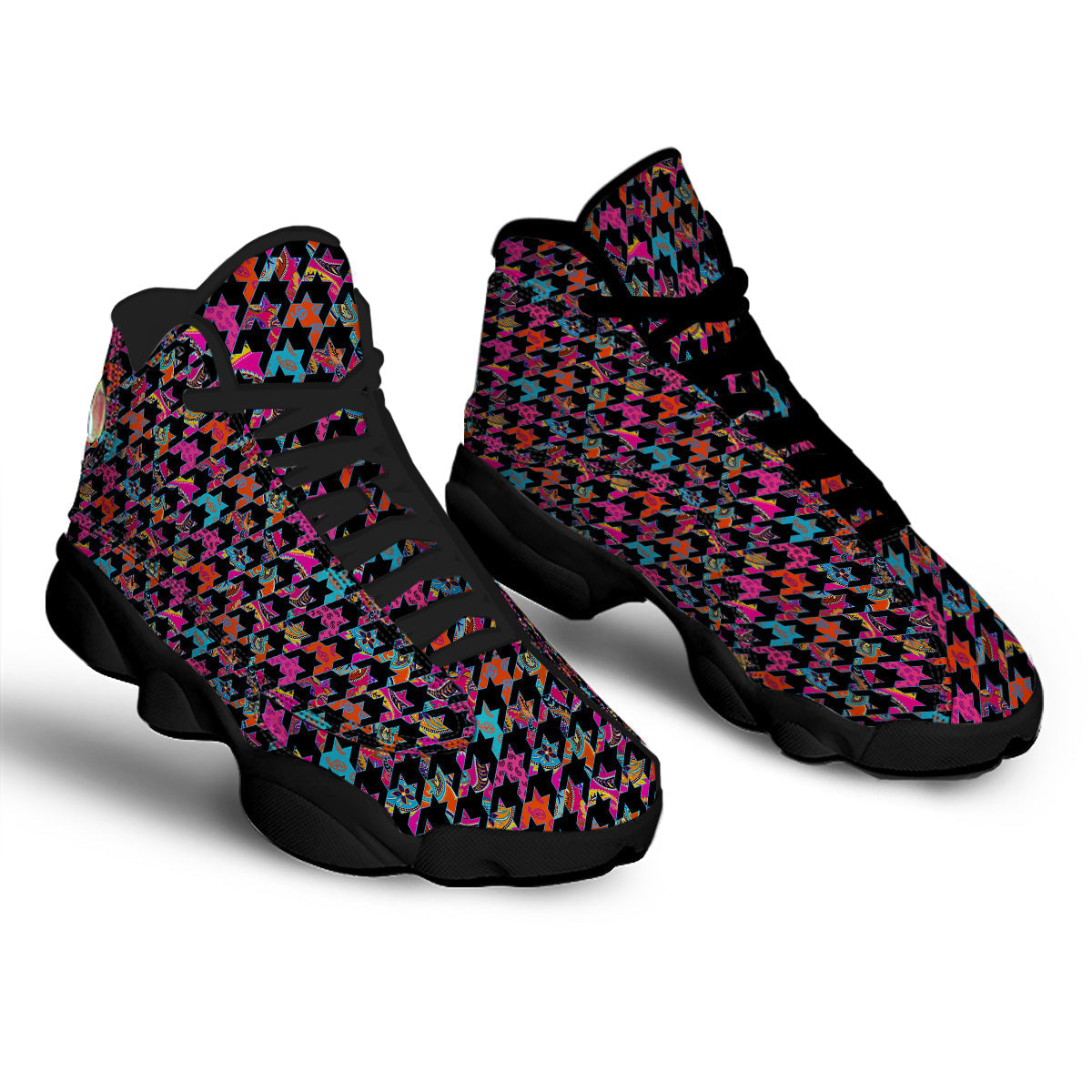 Geometrical Houndstooth And Paisley Print Pattern Black Basketball Shoes-grizzshop
