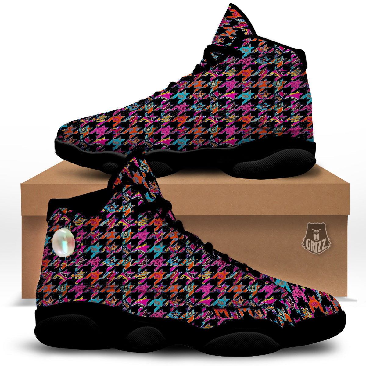 Geometrical Houndstooth And Paisley Print Pattern Black Basketball Shoes-grizzshop