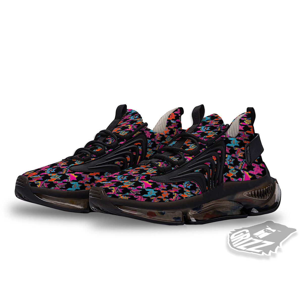 Geometrical Houndstooth And Paisley Print Pattern Black Gym Shoes-grizzshop