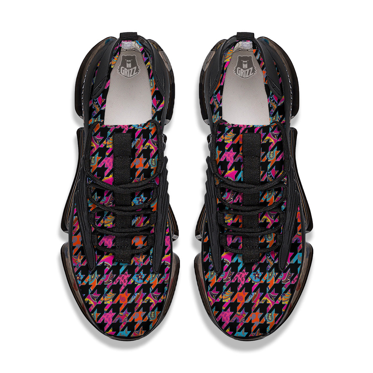 Geometrical Houndstooth And Paisley Print Pattern Black Gym Shoes-grizzshop