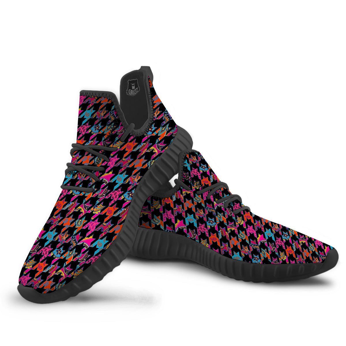 Geometrical Houndstooth And Paisley Print Pattern Black Walking Shoes-grizzshop
