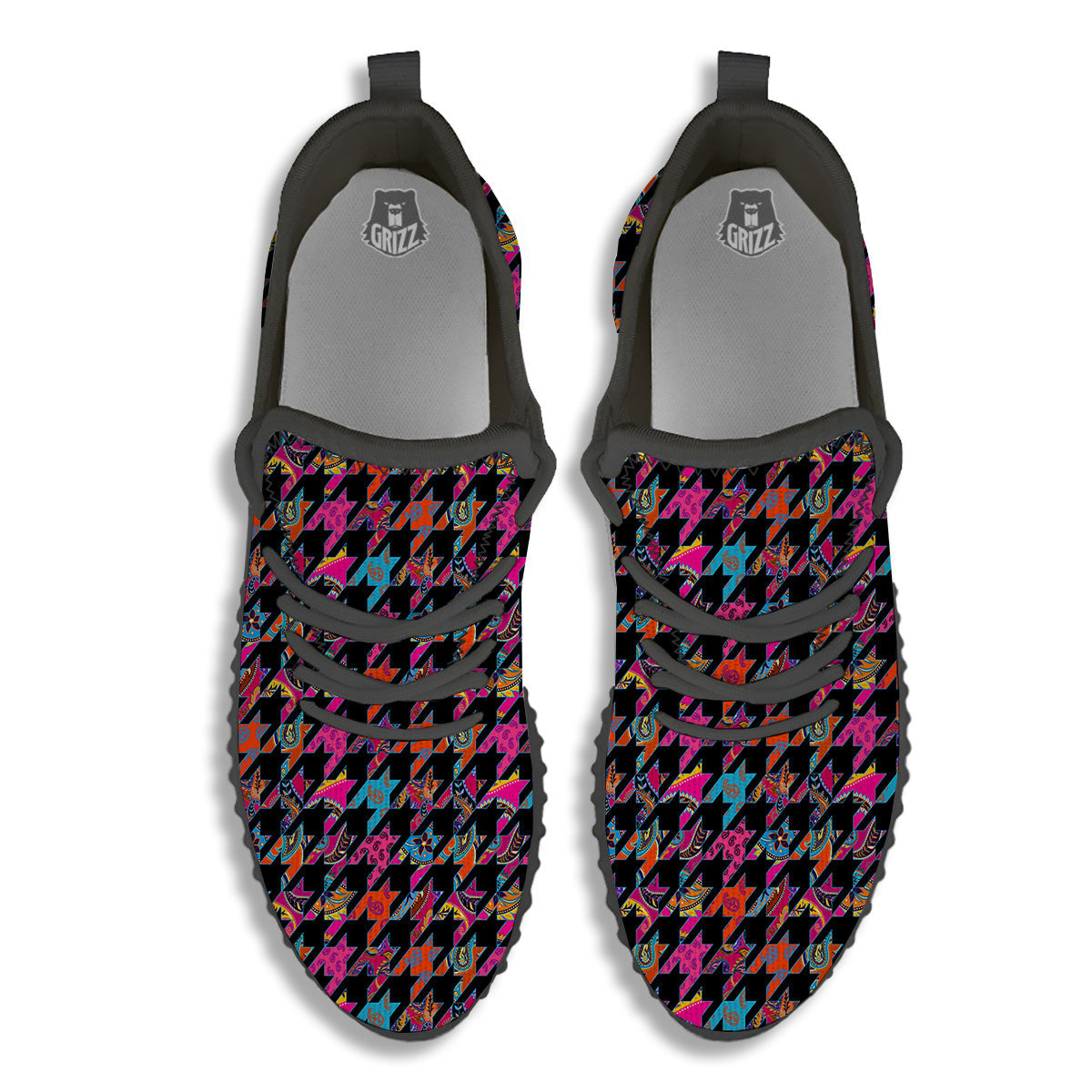Geometrical Houndstooth And Paisley Print Pattern Black Walking Shoes-grizzshop
