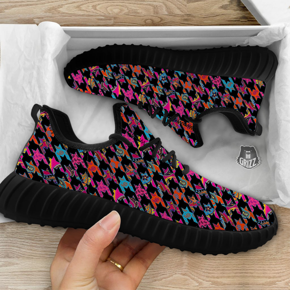 Geometrical Houndstooth And Paisley Print Pattern Black Walking Shoes-grizzshop