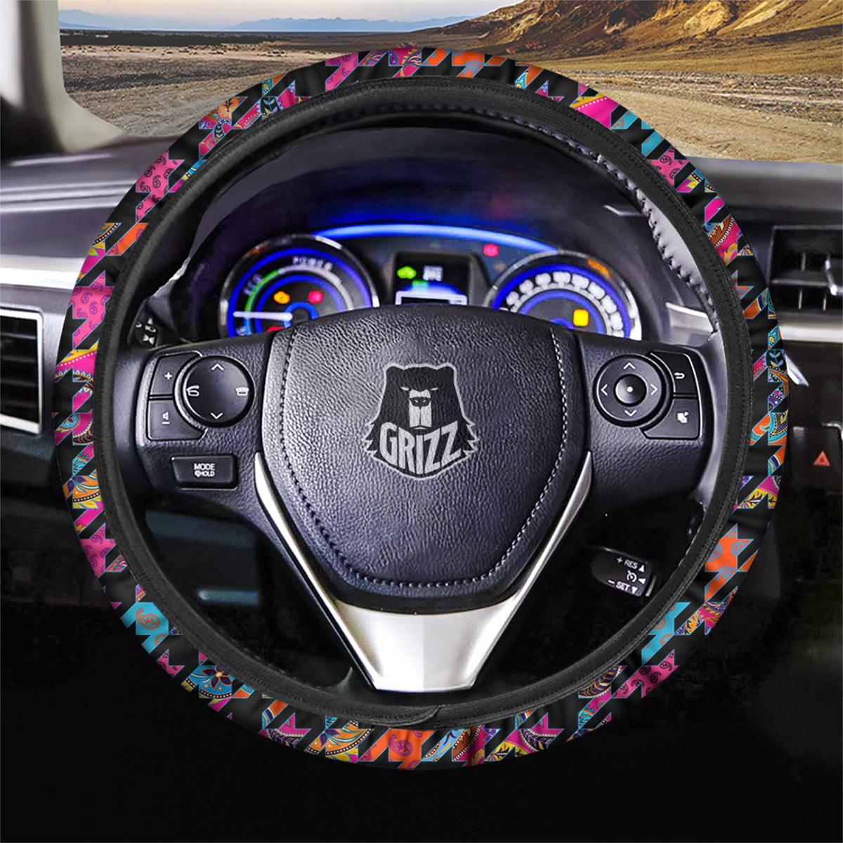 Geometrical Houndstooth And Paisley Print Pattern Car Steering Wheel Cover-grizzshop