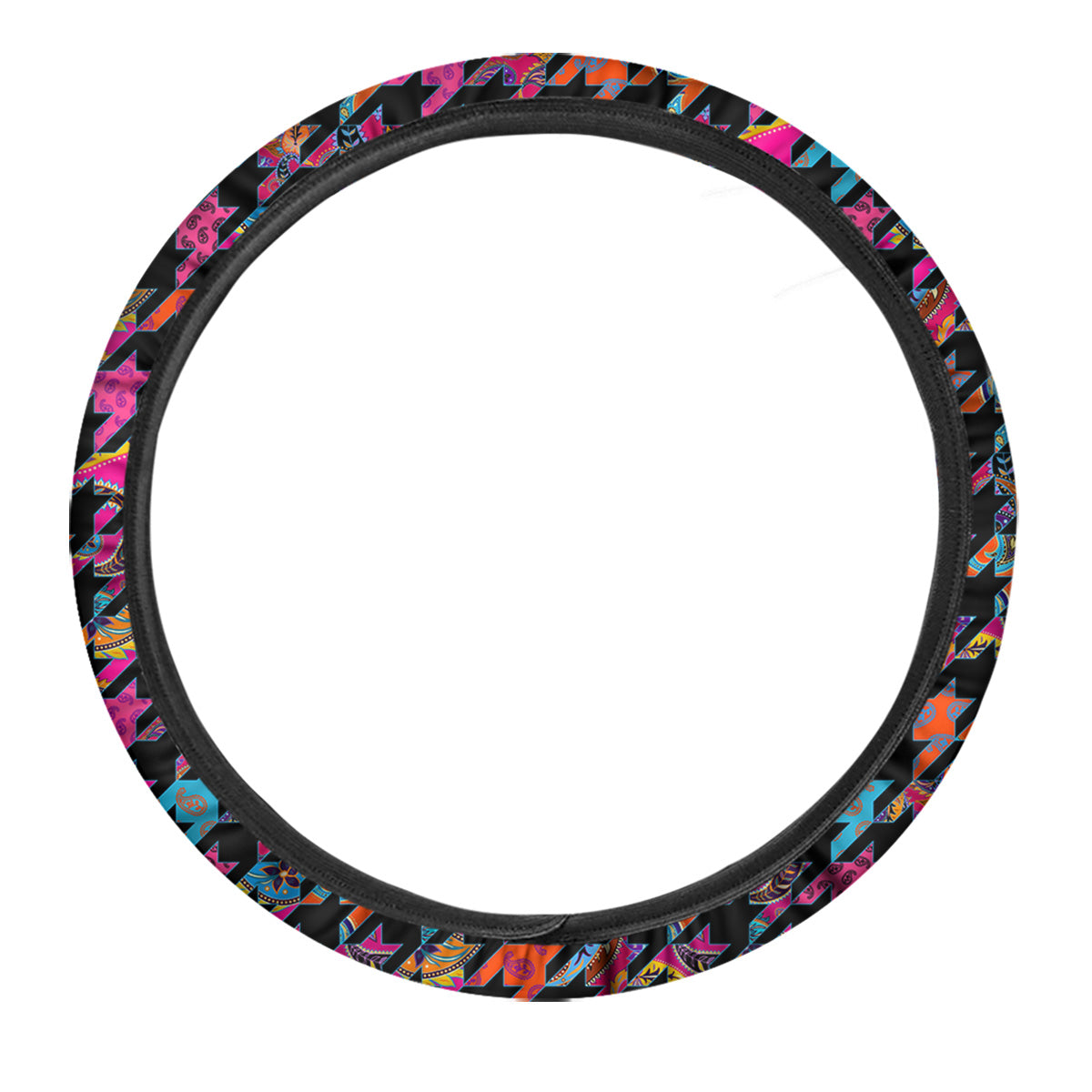 Geometrical Houndstooth And Paisley Print Pattern Car Steering Wheel Cover-grizzshop