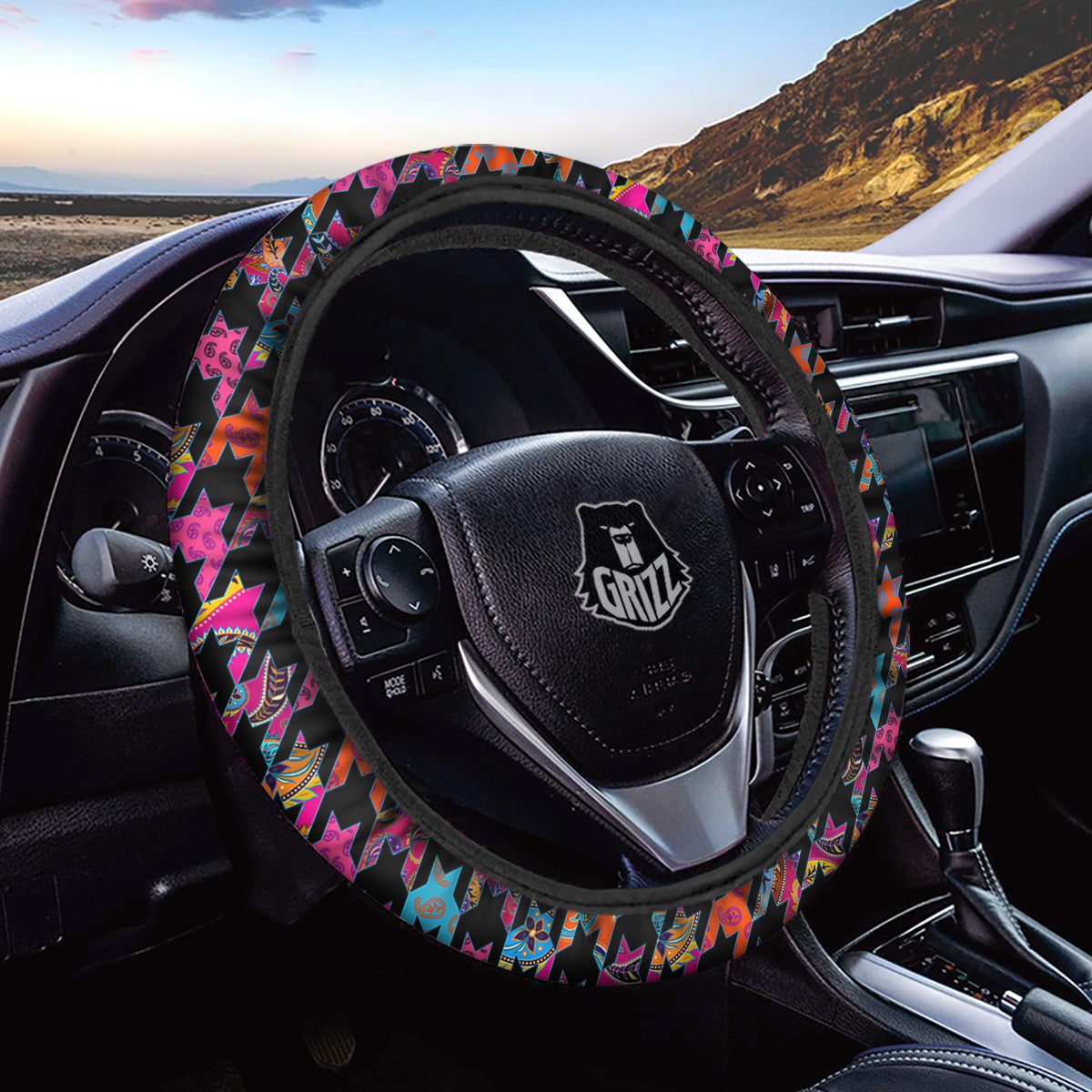 Geometrical Houndstooth And Paisley Print Pattern Car Steering Wheel Cover-grizzshop