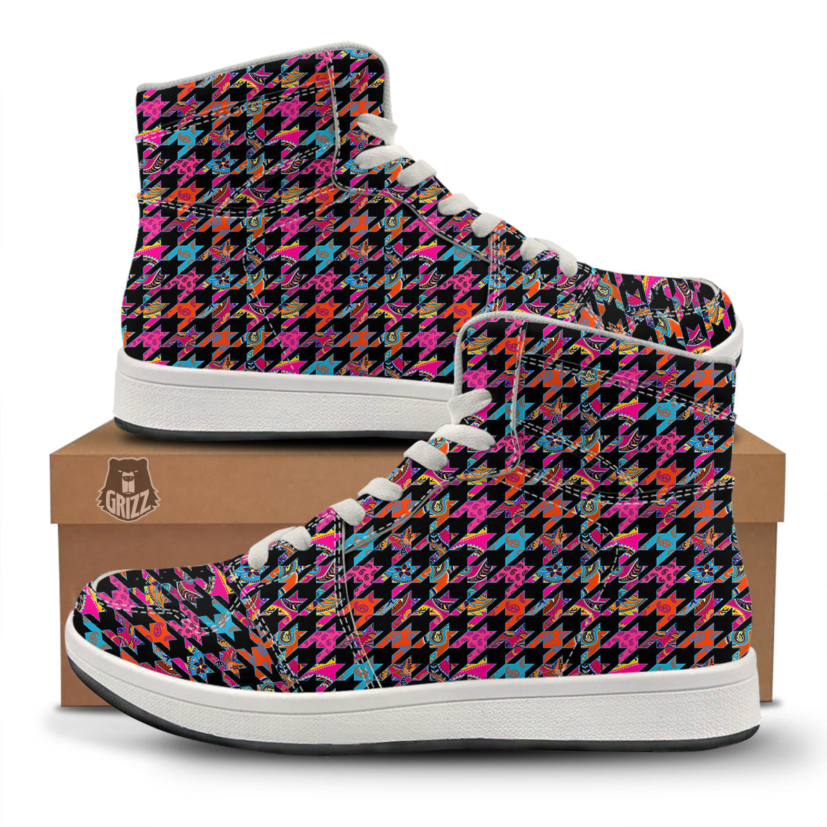 Geometrical Houndstooth And Paisley Print Pattern High Top Sneakers-grizzshop