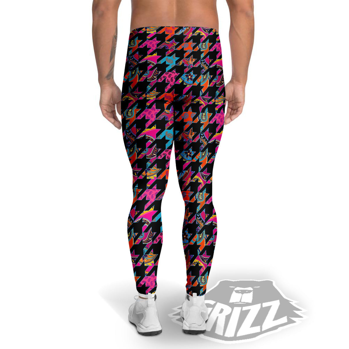 Geometrical Houndstooth And Paisley Print Pattern Men's Leggings-grizzshop