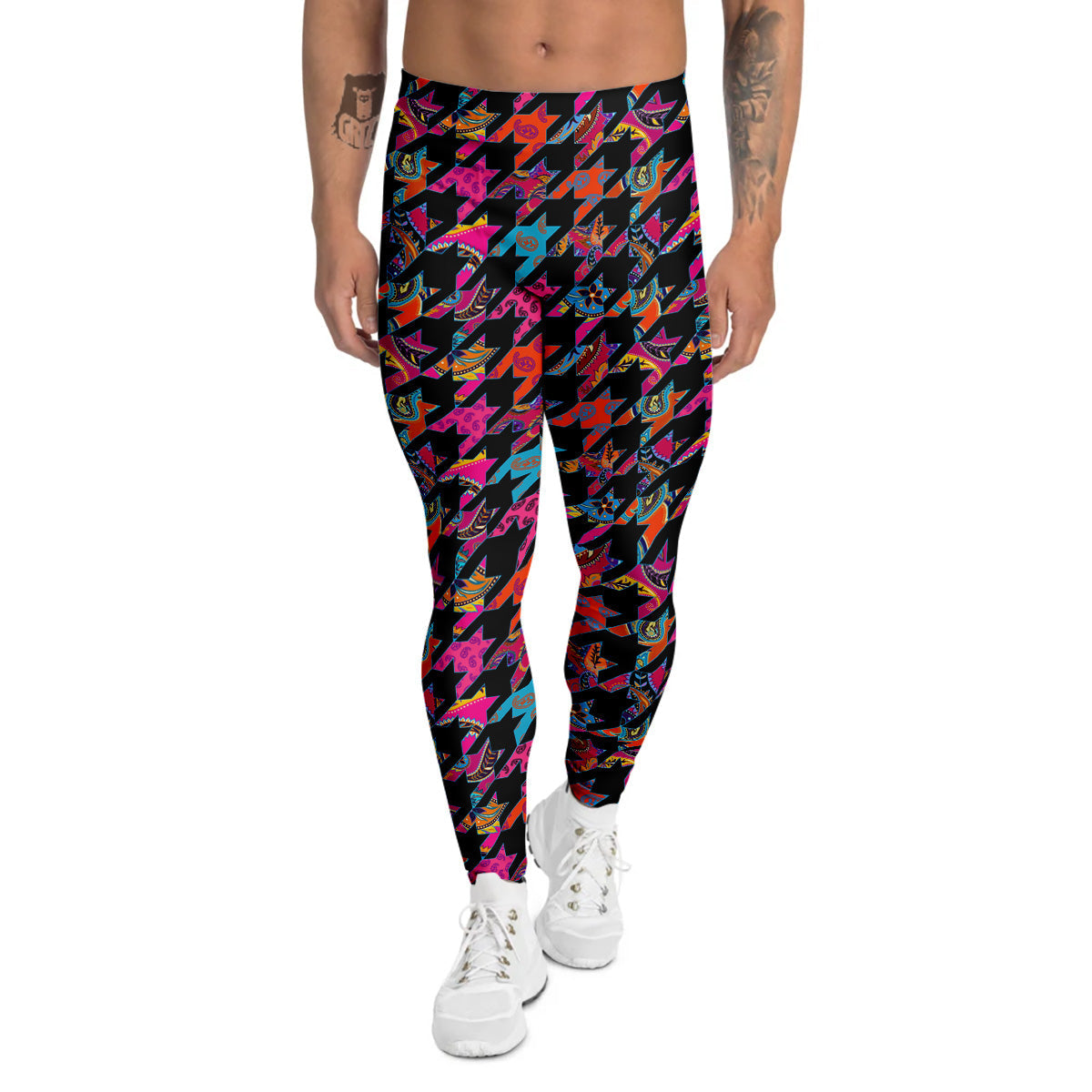 Geometrical Houndstooth And Paisley Print Pattern Men's Leggings-grizzshop