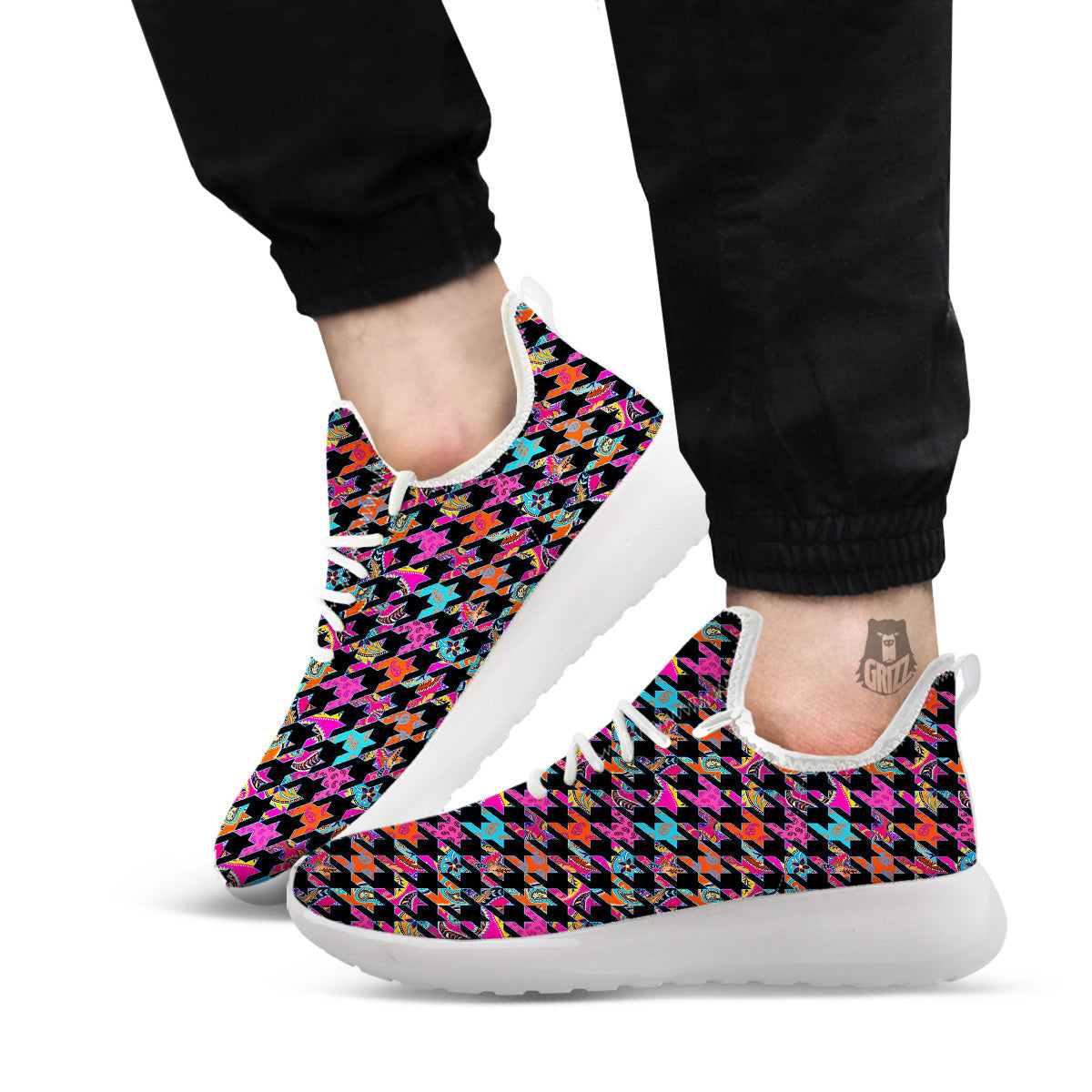 Geometrical Houndstooth And Paisley Print Pattern White Athletic Shoes-grizzshop