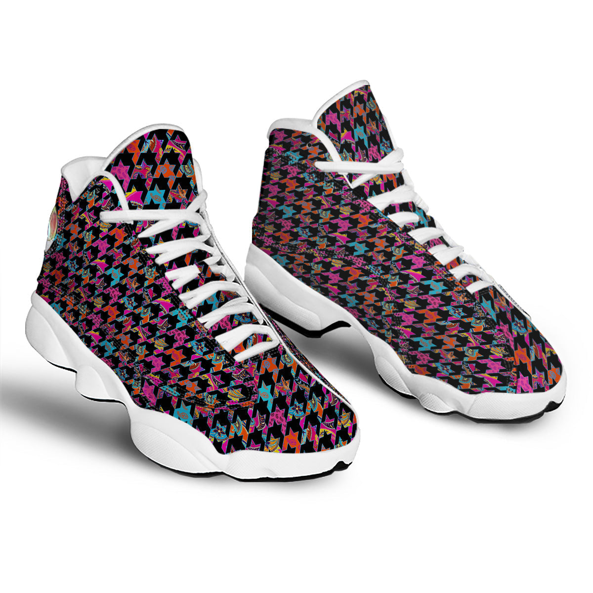 Geometrical Houndstooth And Paisley Print Pattern White Basketball Shoes-grizzshop