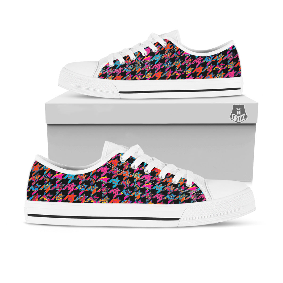 Geometrical Houndstooth And Paisley Print Pattern White Low Top Shoes-grizzshop