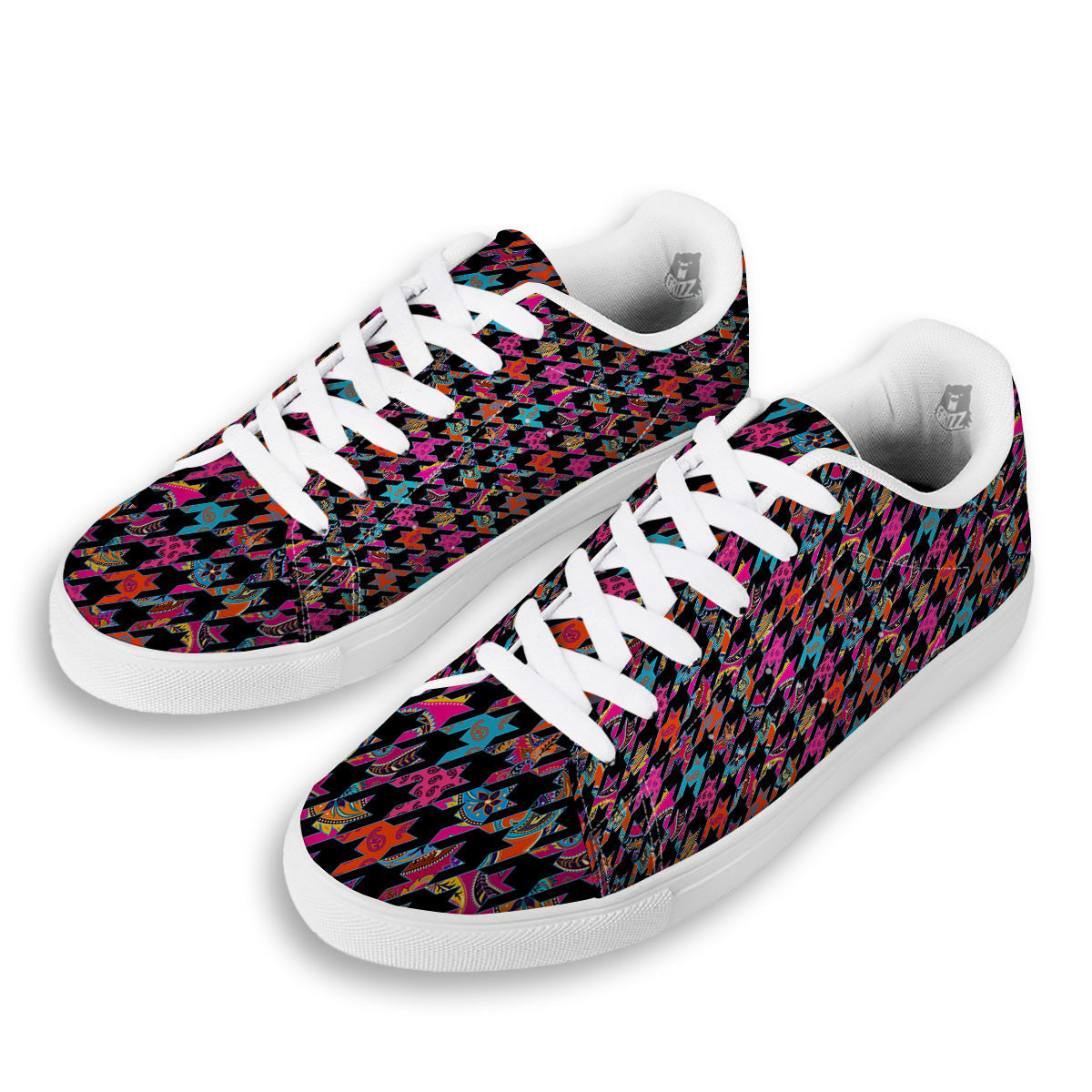 Geometrical Houndstooth And Paisley Print Pattern White Low Top Sneakers-grizzshop