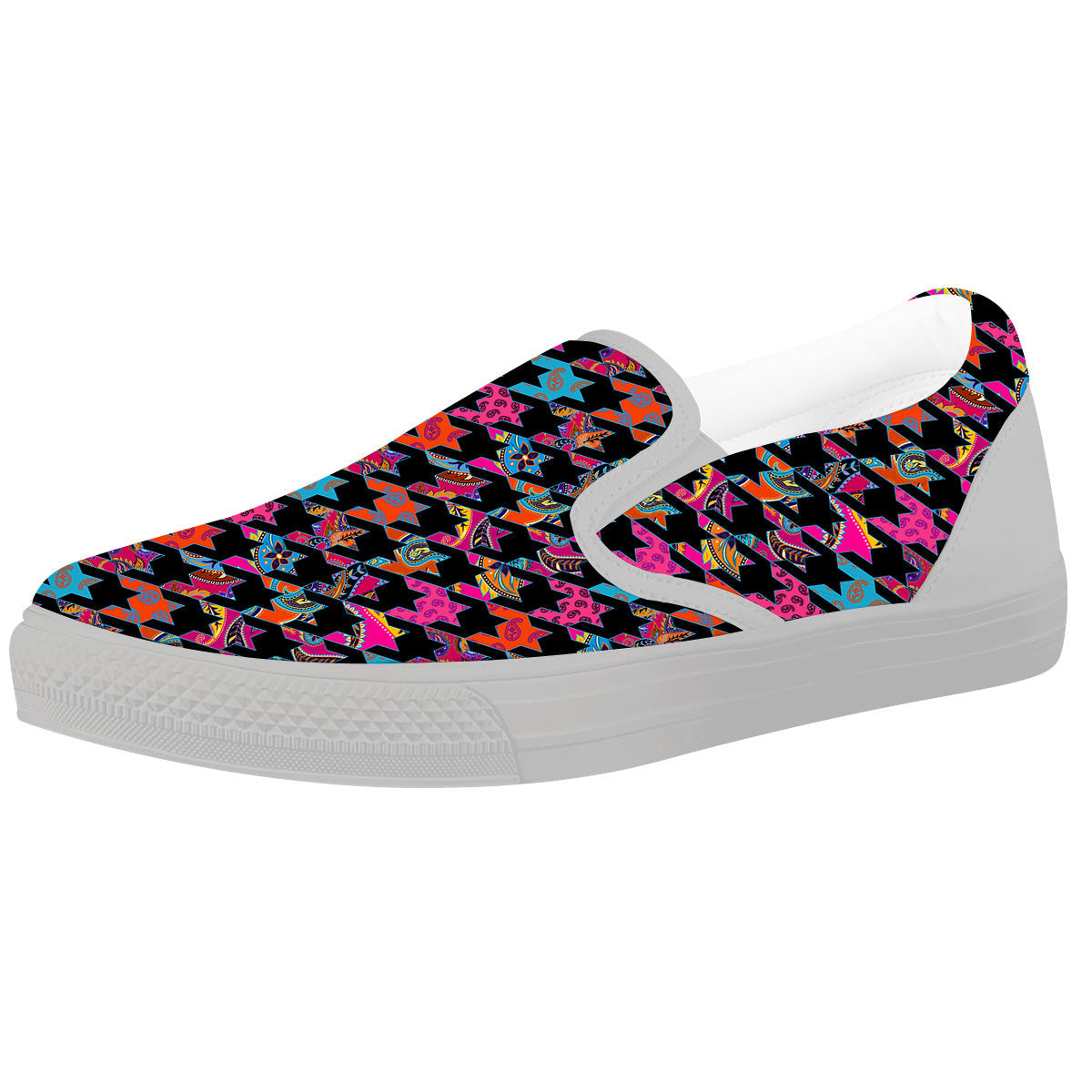 Geometrical Houndstooth And Paisley Print Pattern White Slip On Shoes-grizzshop