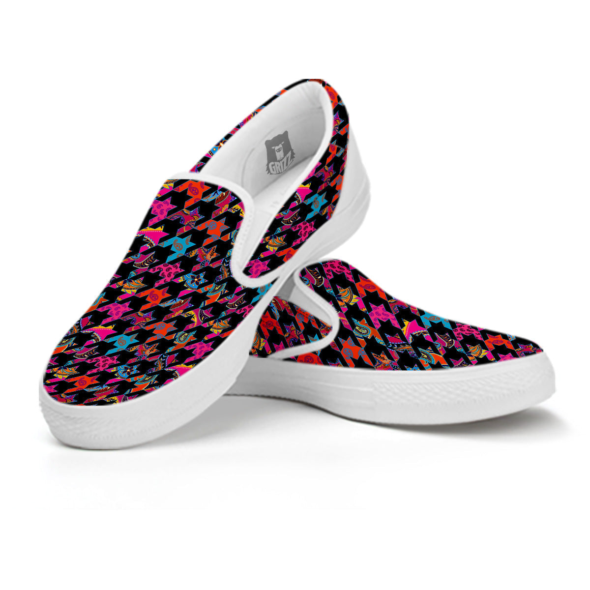 Geometrical Houndstooth And Paisley Print Pattern White Slip On Shoes-grizzshop