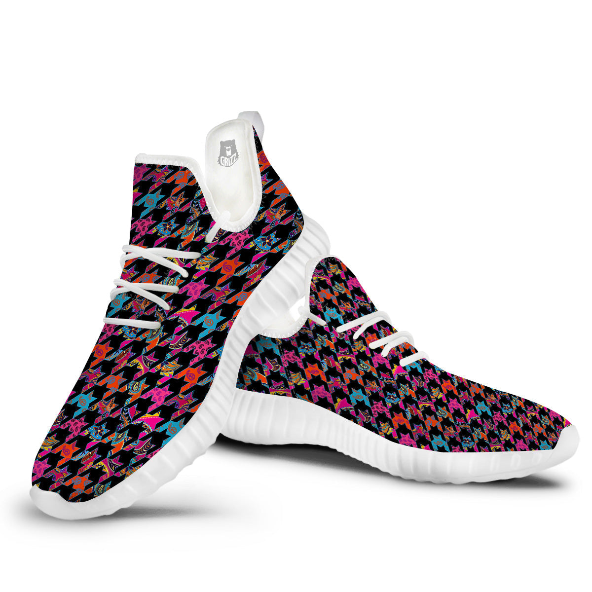 Geometrical Houndstooth And Paisley Print Pattern White Walking Shoes-grizzshop