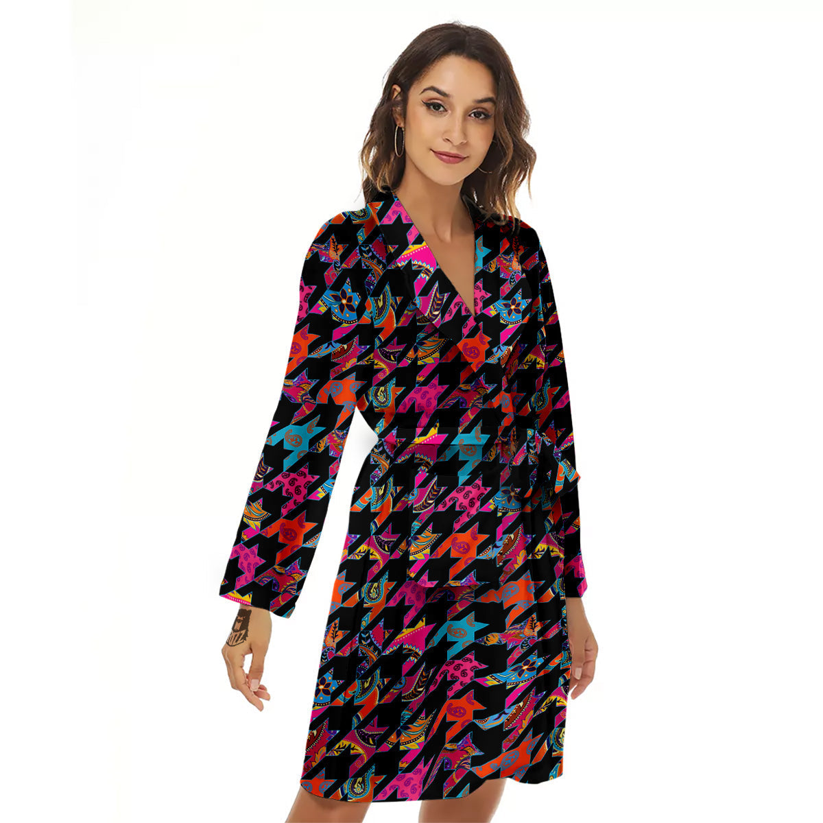 Geometrical Houndstooth And Paisley Print Pattern Women's Robe-grizzshop