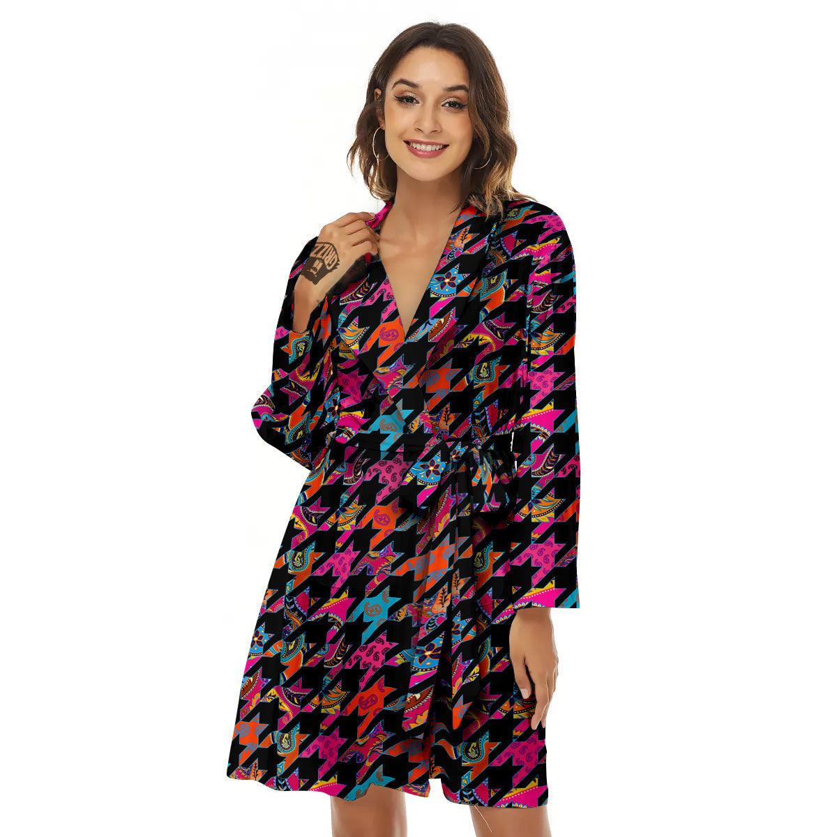 Geometrical Houndstooth And Paisley Print Pattern Women's Robe-grizzshop