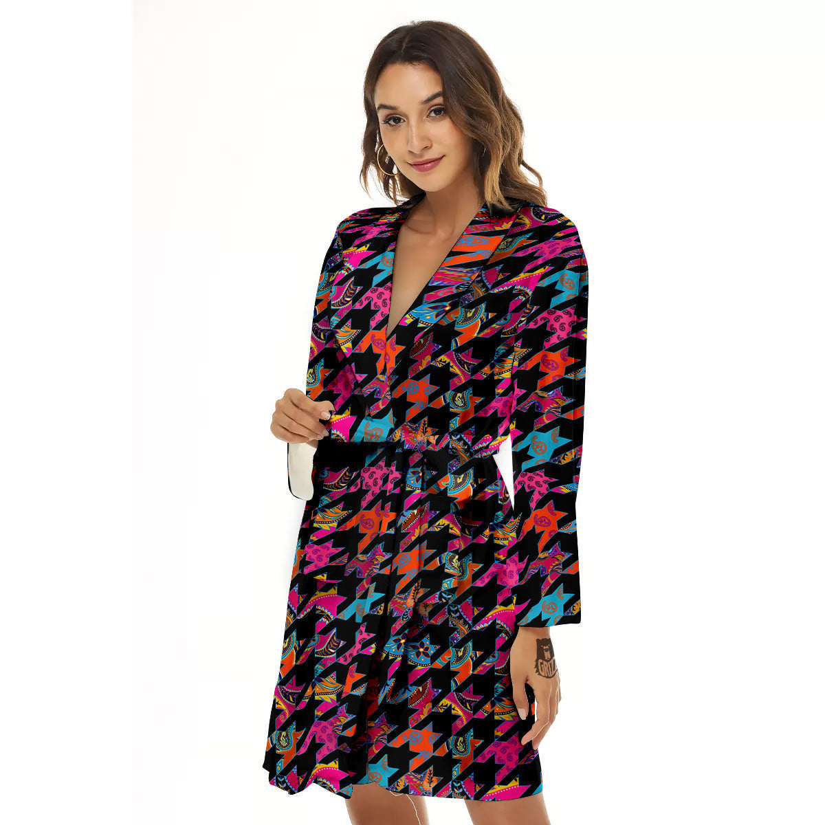 Geometrical Houndstooth And Paisley Print Pattern Women's Robe-grizzshop