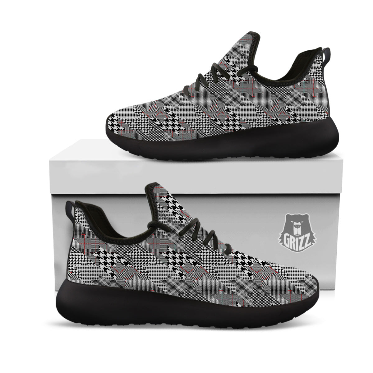 Geometrical Houndstooth Patchwork Print Pattern Black Athletic Shoes-grizzshop