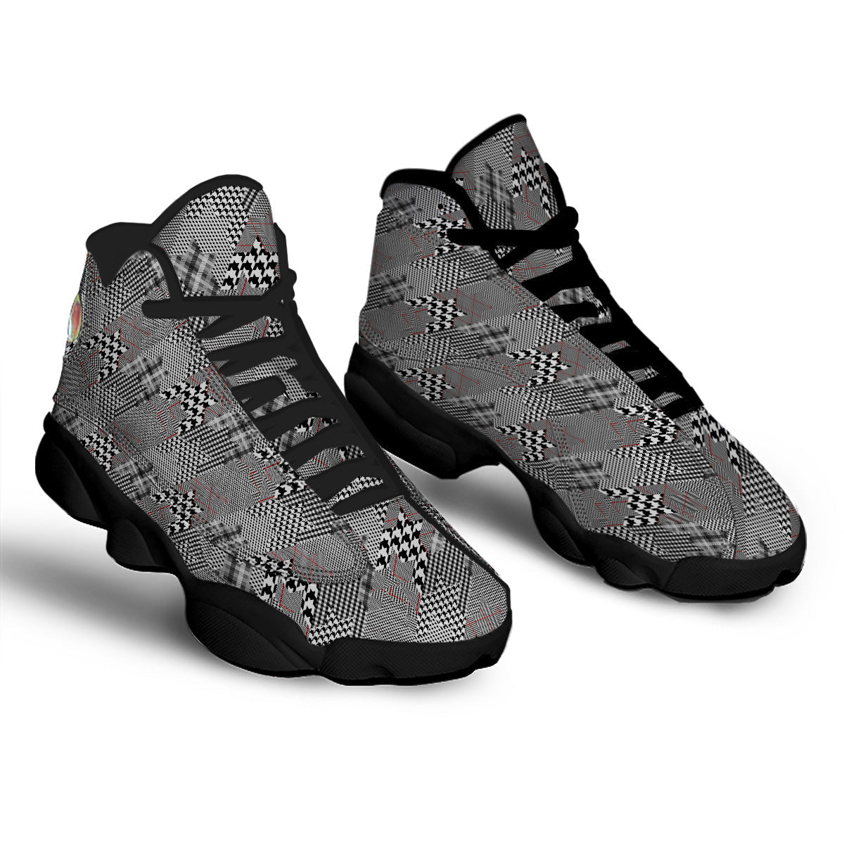 Geometrical Houndstooth Patchwork Print Pattern Black Basketball Shoes-grizzshop