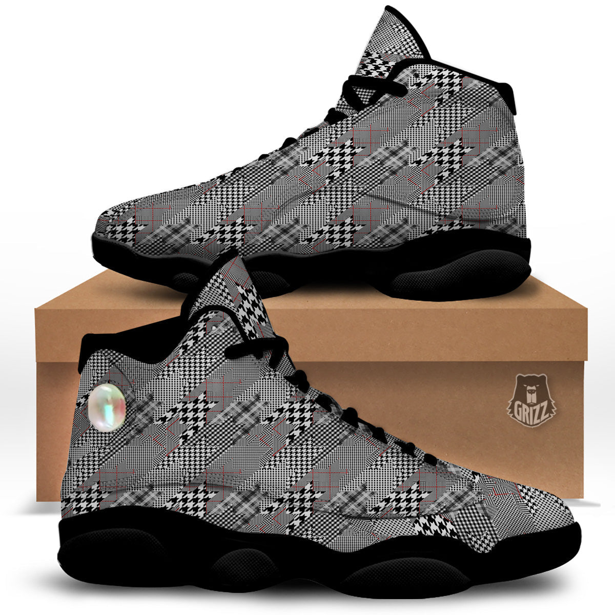 Geometrical Houndstooth Patchwork Print Pattern Black Basketball Shoes-grizzshop