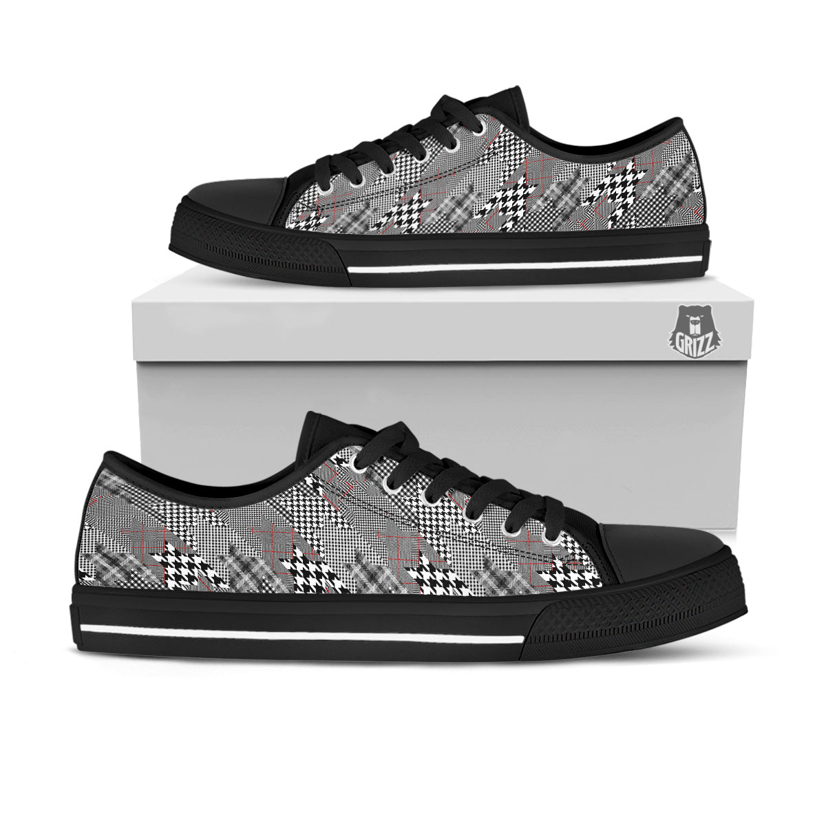 Geometrical Houndstooth Patchwork Print Pattern Black Low Top Shoes-grizzshop