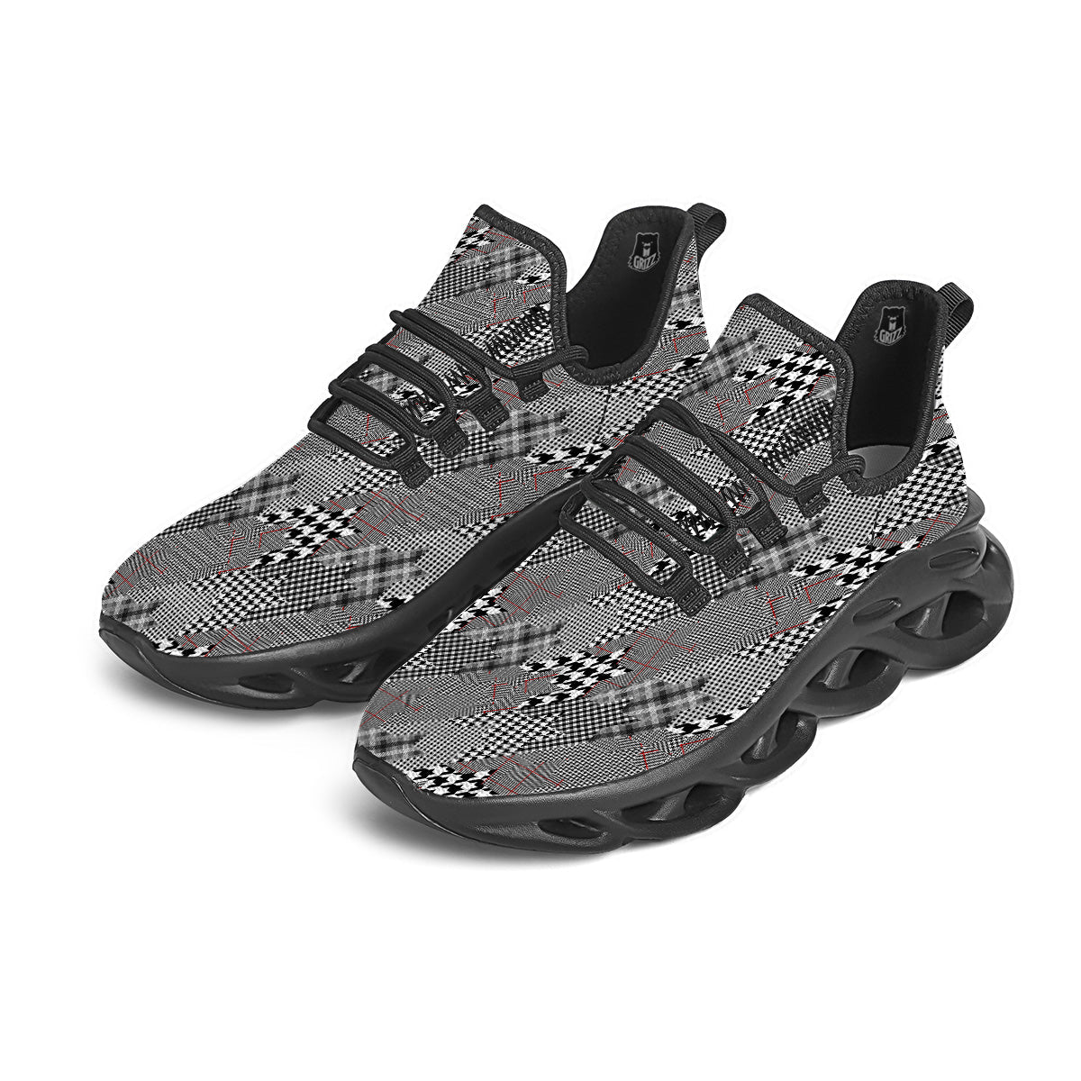 Geometrical Houndstooth Patchwork Print Pattern Black Running Shoes-grizzshop