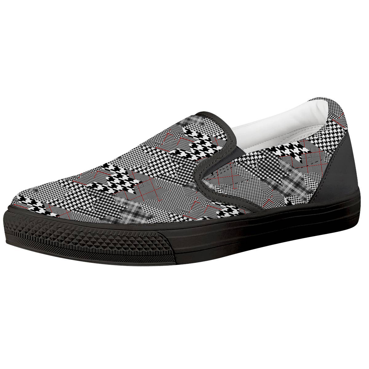 Geometrical Houndstooth Patchwork Print Pattern Black Slip On Shoes-grizzshop