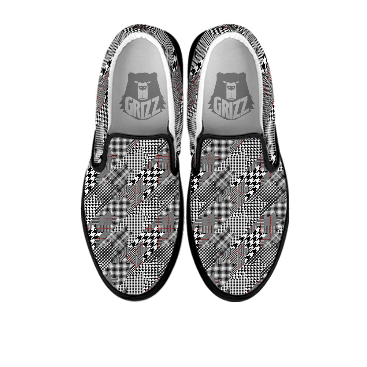 Geometrical Houndstooth Patchwork Print Pattern Black Slip On Shoes-grizzshop