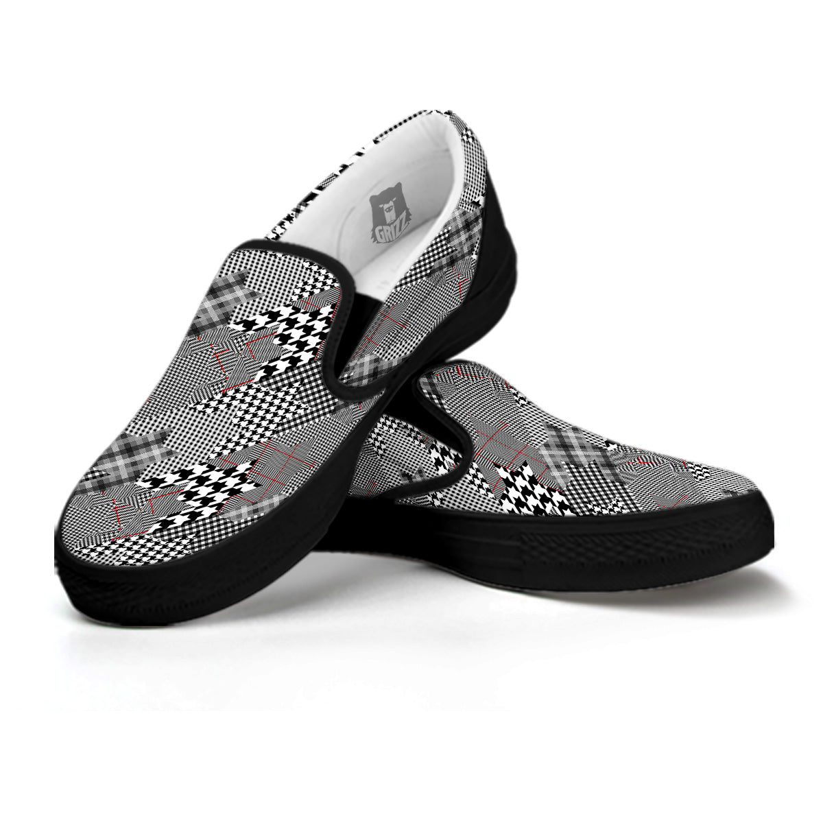 Geometrical Houndstooth Patchwork Print Pattern Black Slip On Shoes-grizzshop