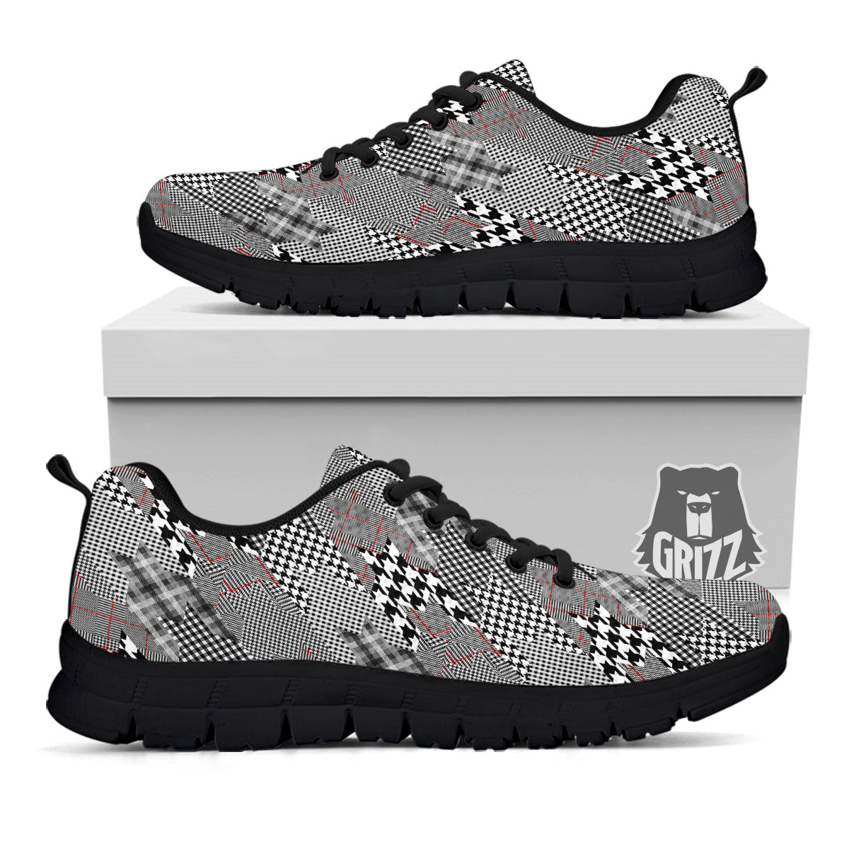 Geometrical Houndstooth Patchwork Print Pattern Black Sneaker-grizzshop