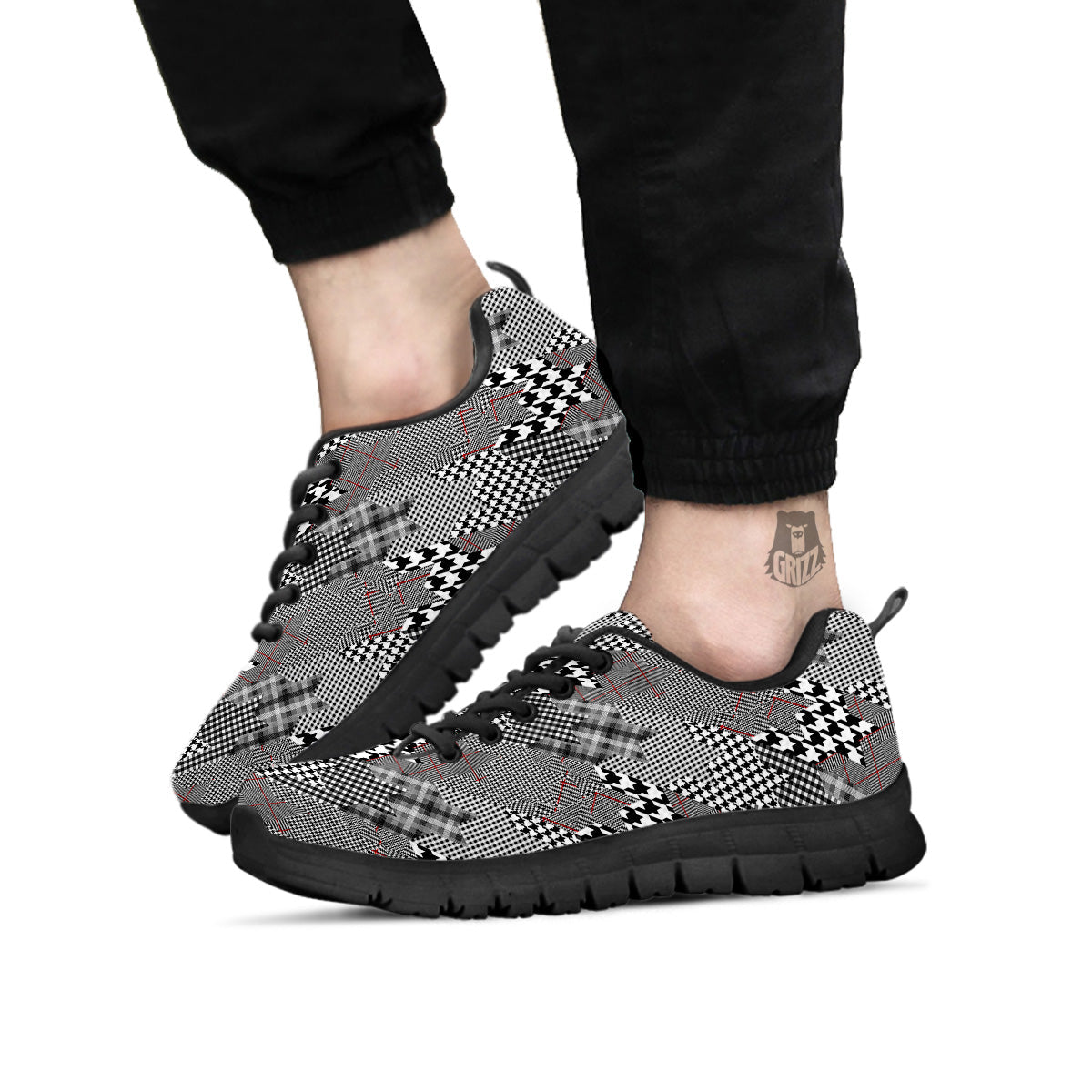 Geometrical Houndstooth Patchwork Print Pattern Black Sneaker-grizzshop