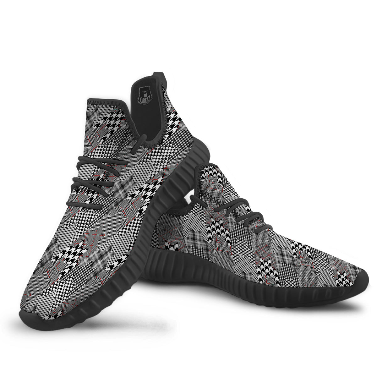 Geometrical Houndstooth Patchwork Print Pattern Black Walking Shoes-grizzshop