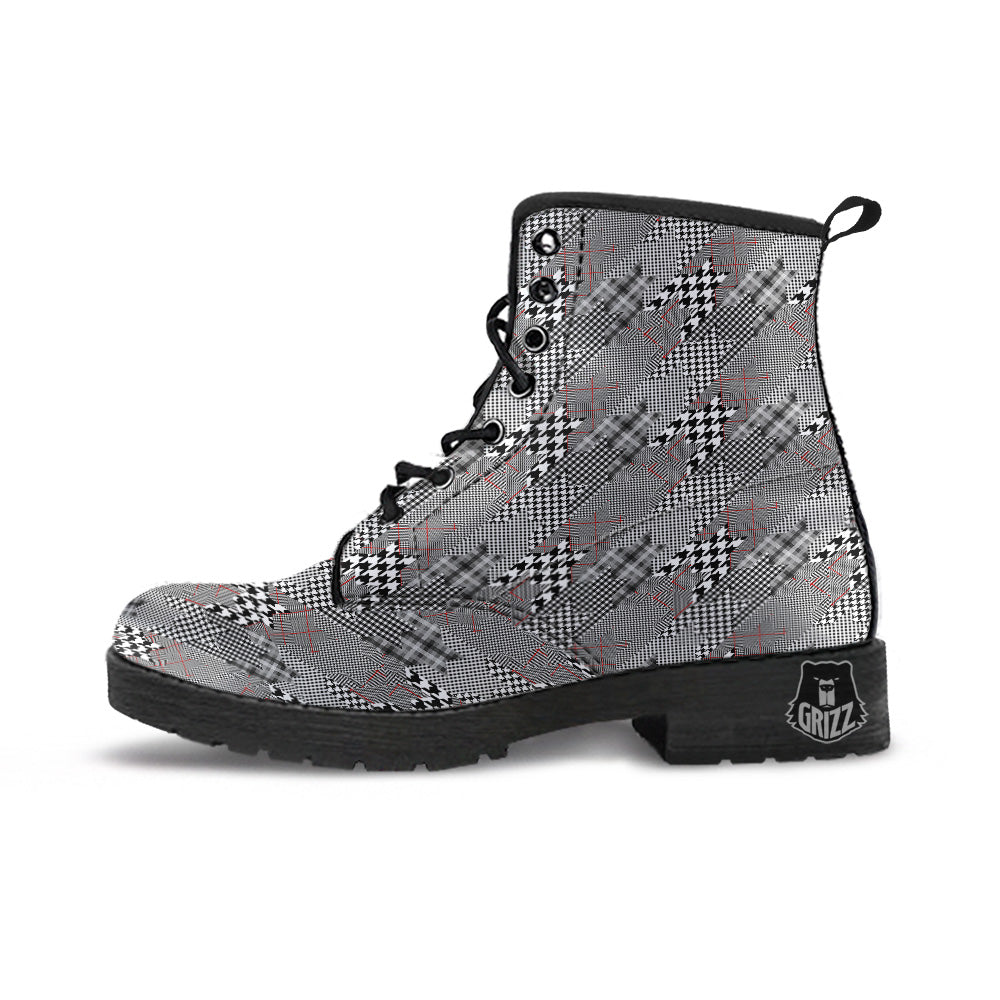 Geometrical Houndstooth Patchwork Print Pattern Leather Boots-grizzshop