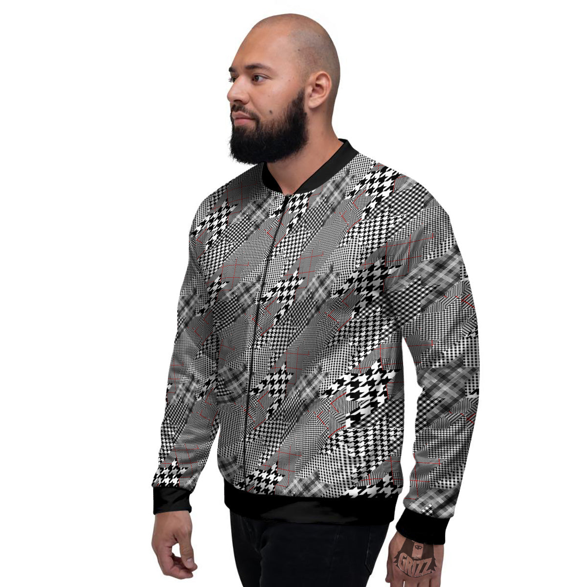 Geometrical Houndstooth Patchwork Print Pattern Men's Bomber Jacket-grizzshop