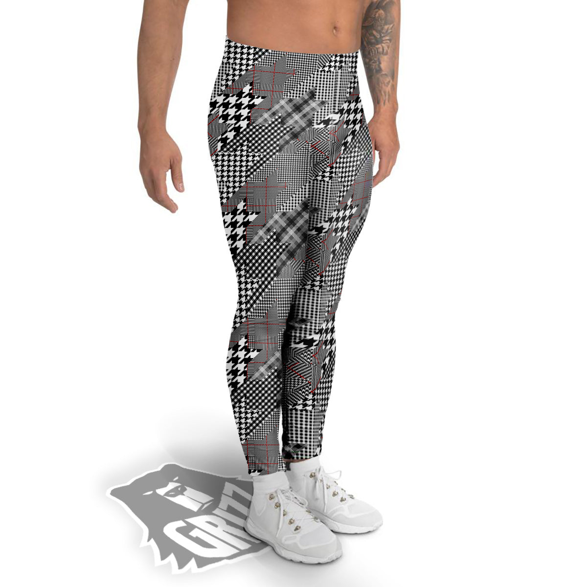 Geometrical Houndstooth Patchwork Print Pattern Men's Leggings-grizzshop