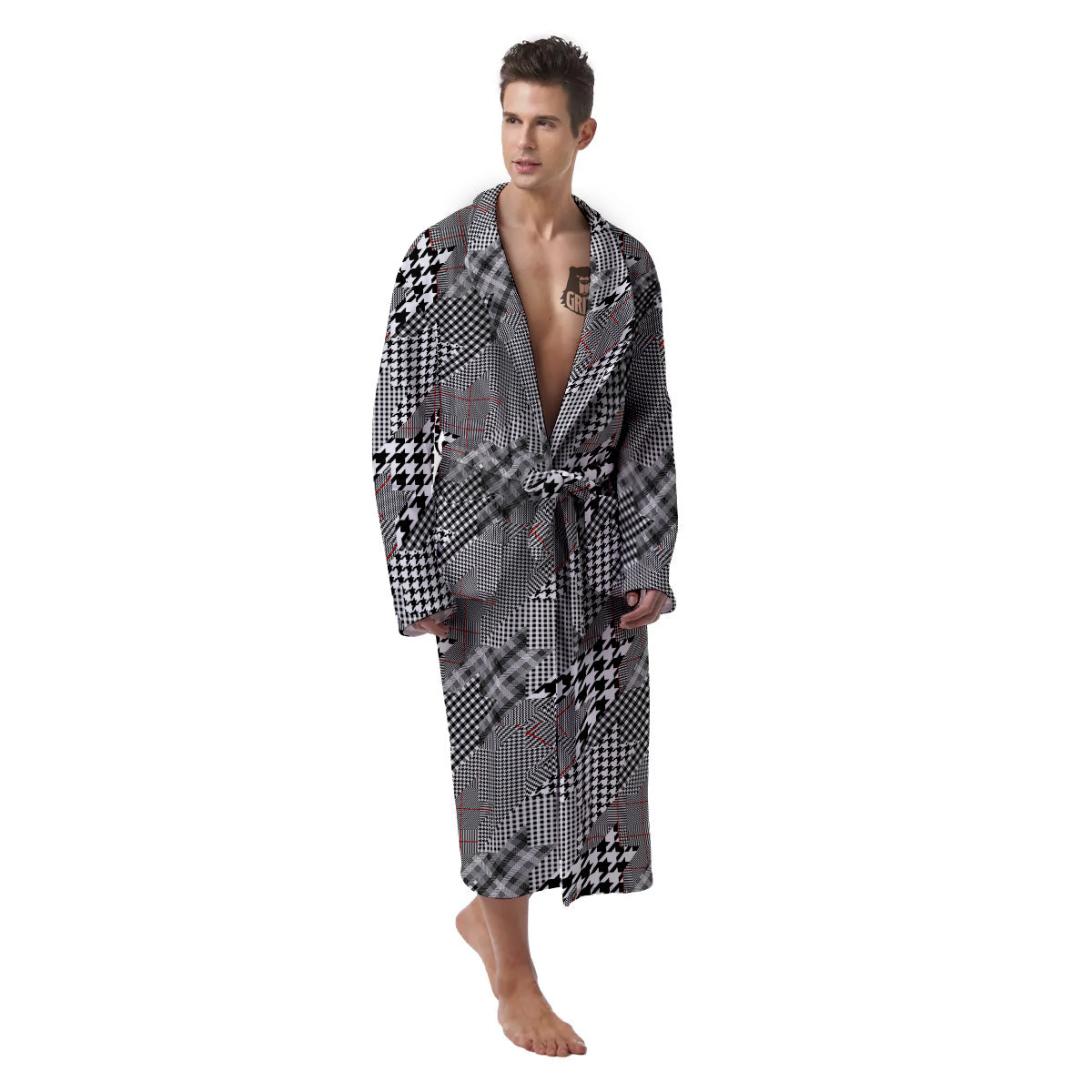 Geometrical Houndstooth Patchwork Print Pattern Men's Robe-grizzshop