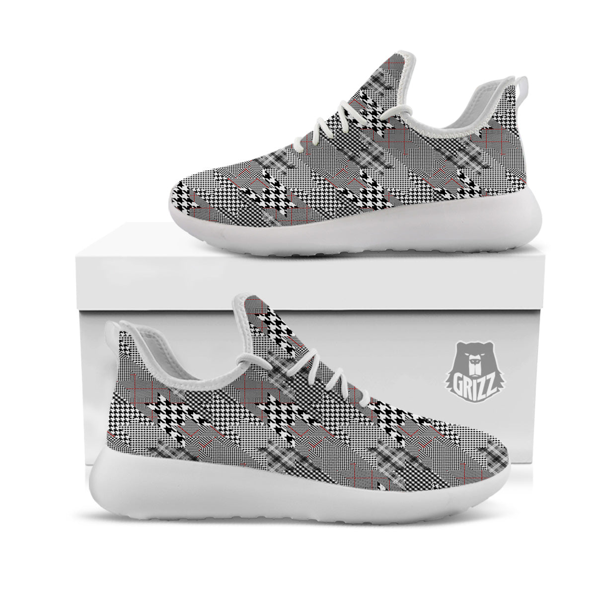 Geometrical Houndstooth Patchwork Print Pattern White Athletic Shoes-grizzshop
