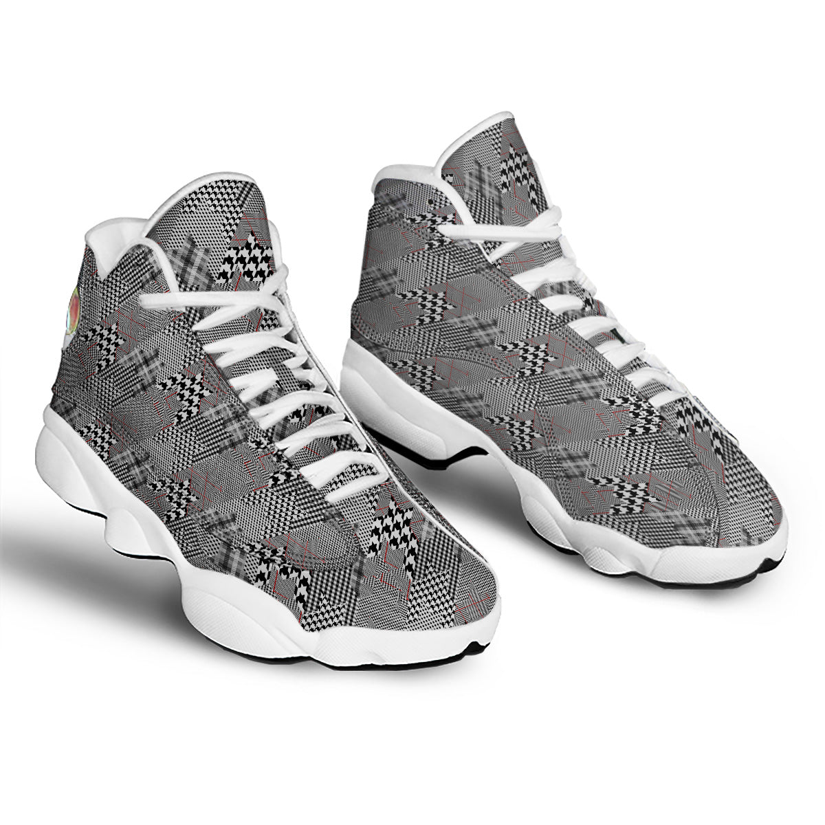 Geometrical Houndstooth Patchwork Print Pattern White Basketball Shoes-grizzshop