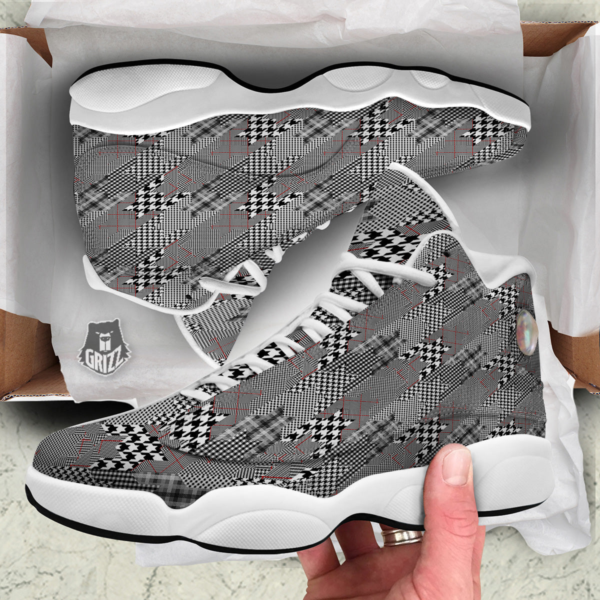 Geometrical Houndstooth Patchwork Print Pattern White Basketball Shoes-grizzshop