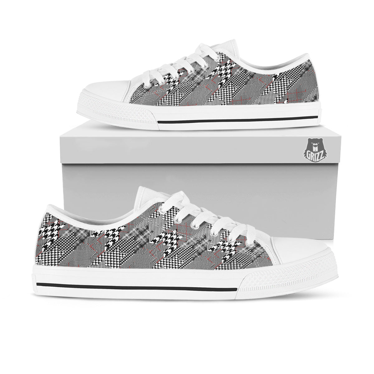 Geometrical Houndstooth Patchwork Print Pattern White Low Top Shoes-grizzshop