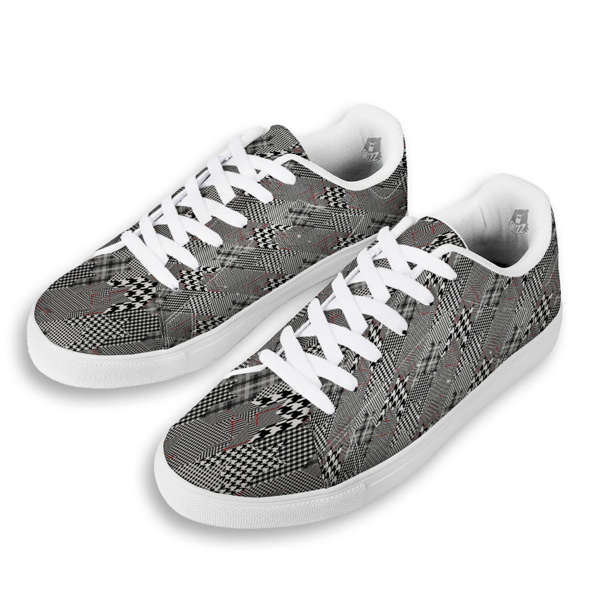 Geometrical Houndstooth Patchwork Print Pattern White Low Top Sneakers-grizzshop