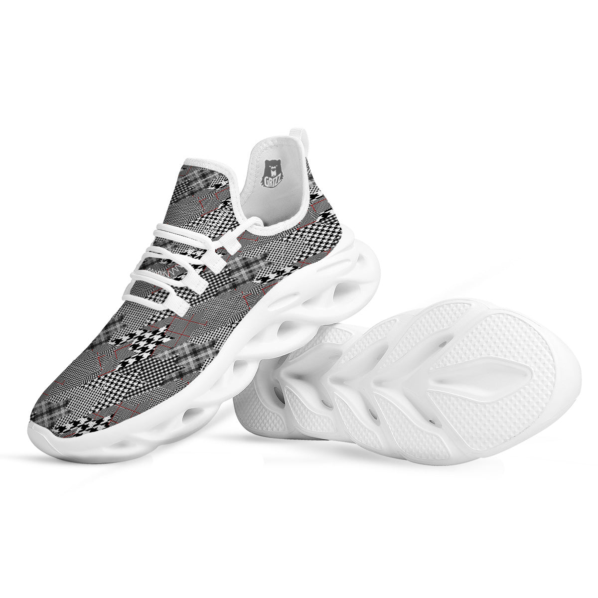 Geometrical Houndstooth Patchwork Print Pattern White Running Shoes-grizzshop