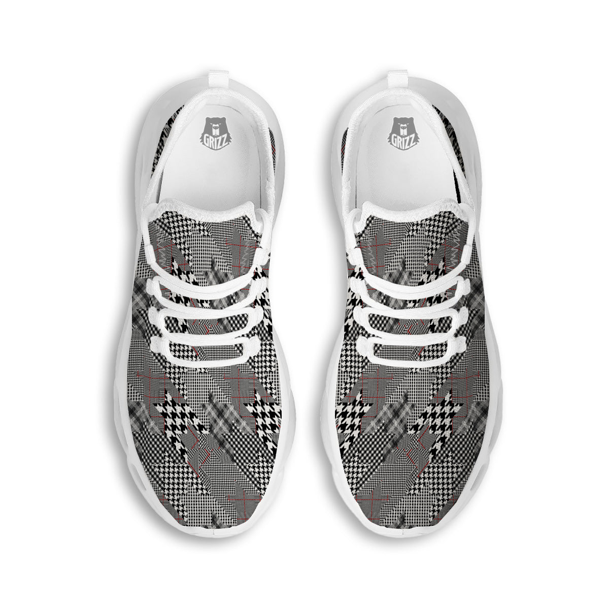 Geometrical Houndstooth Patchwork Print Pattern White Running Shoes-grizzshop