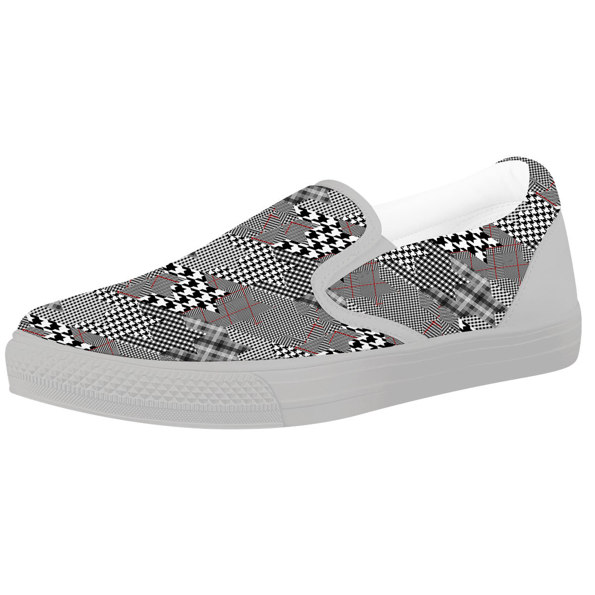 Geometrical Houndstooth Patchwork Print Pattern White Slip On Shoes-grizzshop