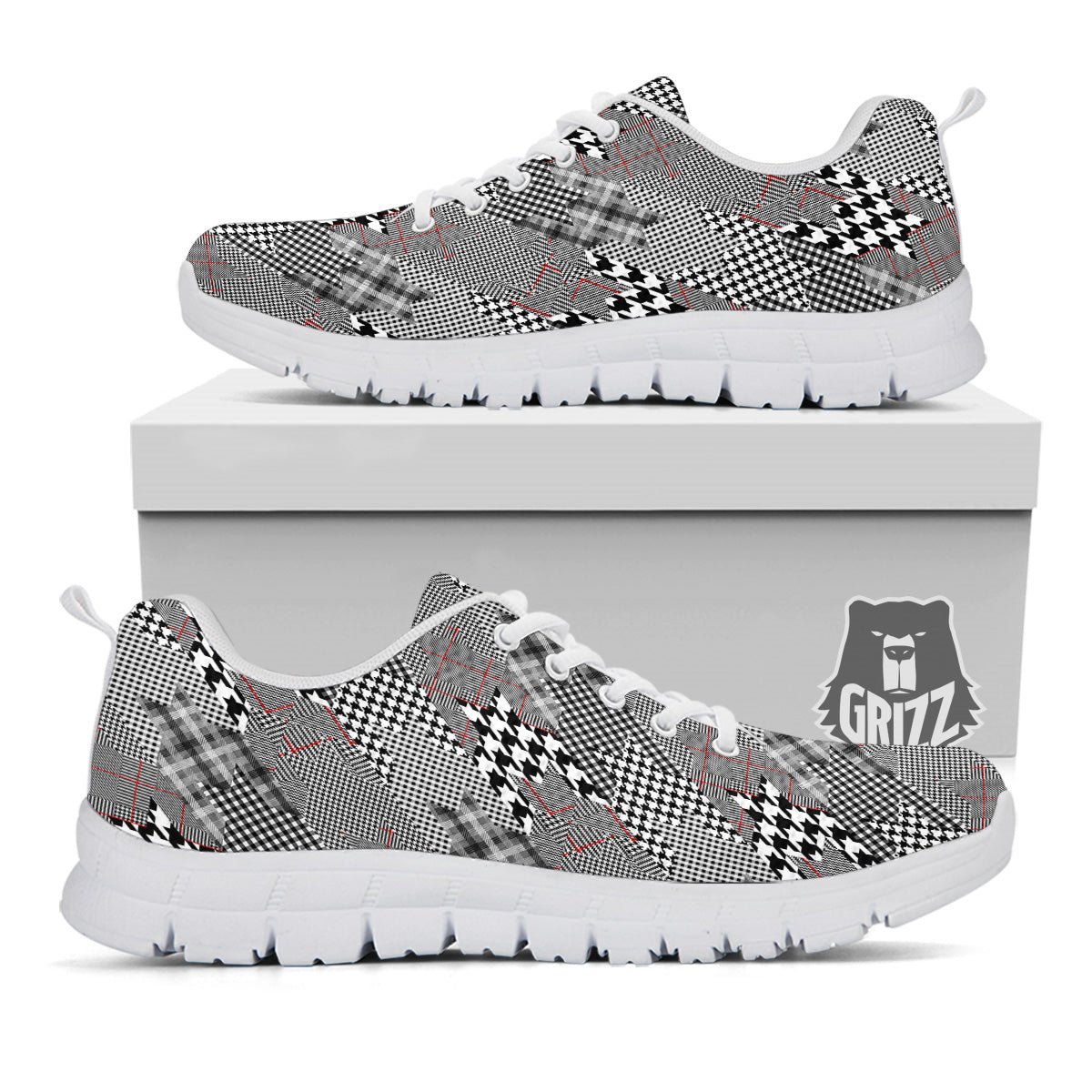 Geometrical Houndstooth Patchwork Print Pattern White Sneaker-grizzshop